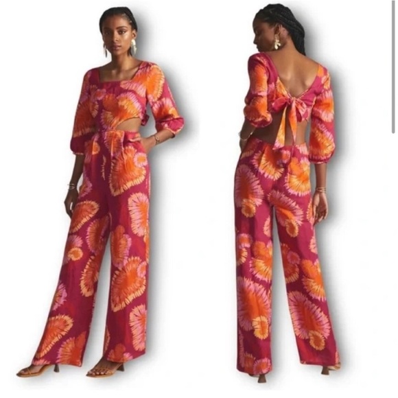 Farm Rio Floral Print Jumpsuit in Pink and Orange Size M
